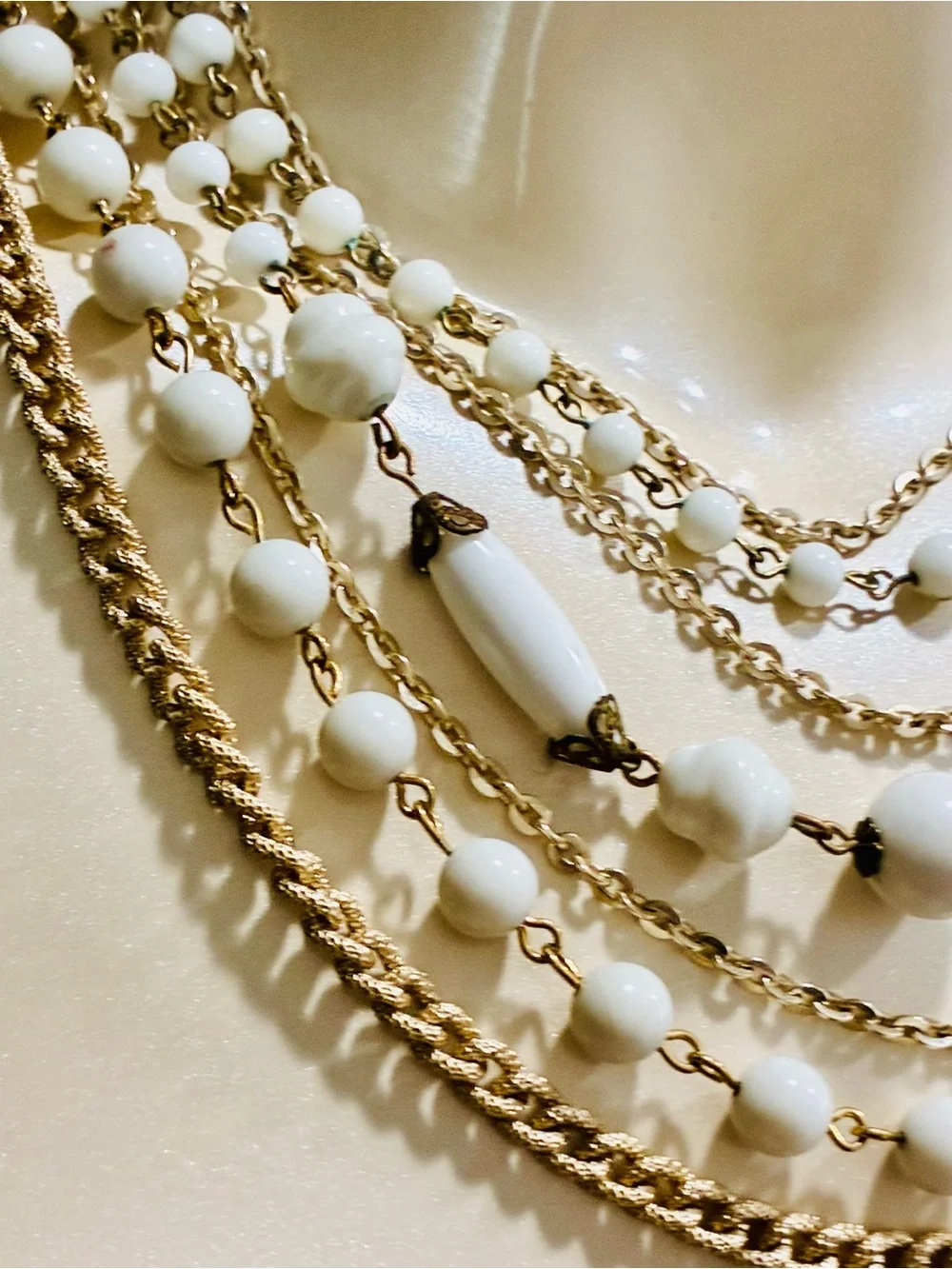 Signed Multi-Strand White Bead and Gold Chain Statement Necklace MCM Retro EUC